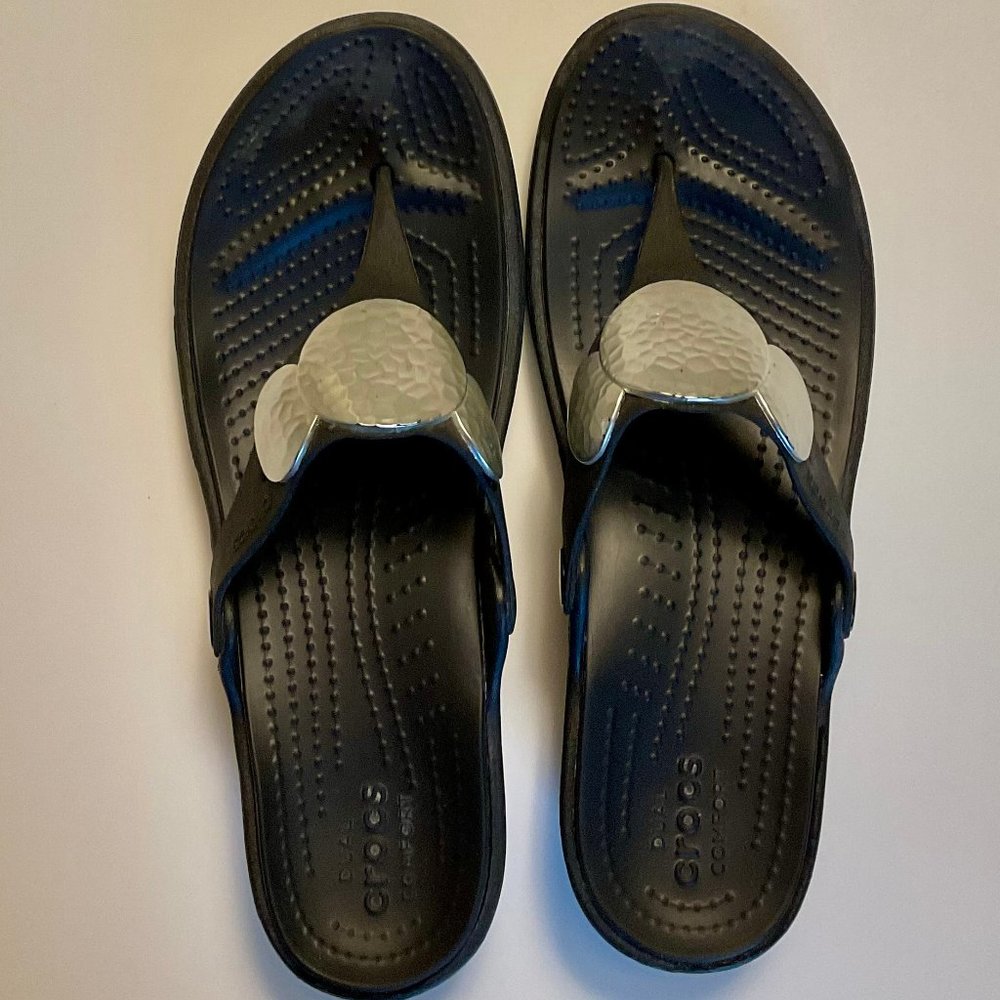 CROCS-SIZE 9-Dual Comfort Black Flip Flop/Sandal-Hammered Silver Medallions